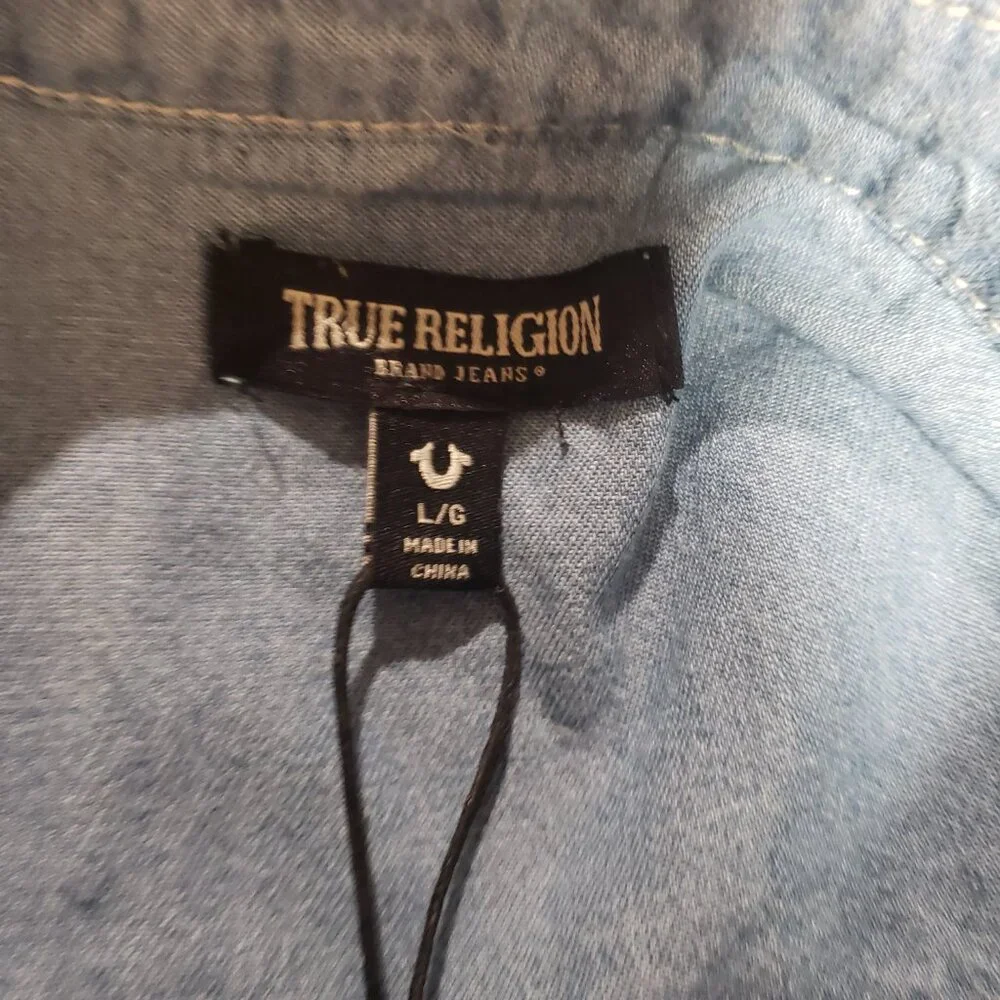 True Religion Men's Chambray Denim Western Pearl Snap Long Sleeve Shirt Sz L NWT